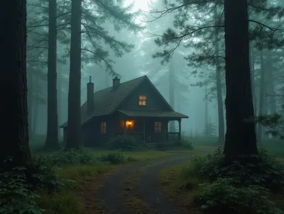 Cozy Cabin Nestled In A Misty Pine Forest