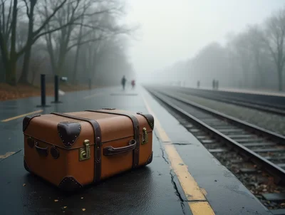 Vintage Brown Leather Suitcase On A Foggy Train Platform