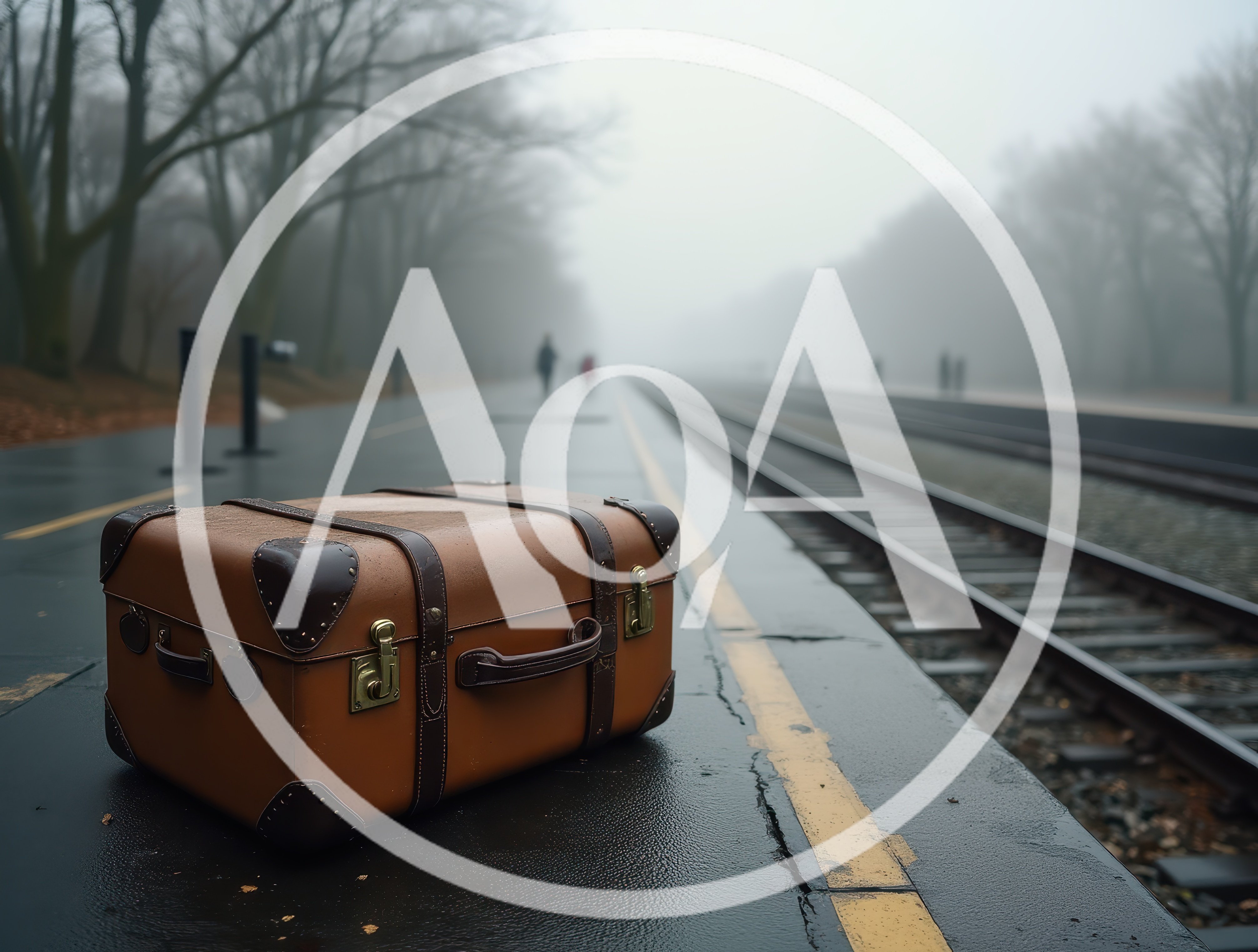 Vintage Brown Leather Suitcase On A Foggy Train Platform