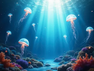 Bioluminescent Jellyfish Swimming Over Vibrant Coral Reef