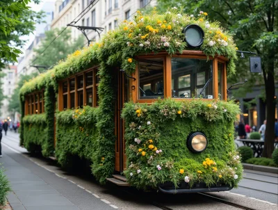 Vintage Tram Covered In Lush Greenery And Flowers