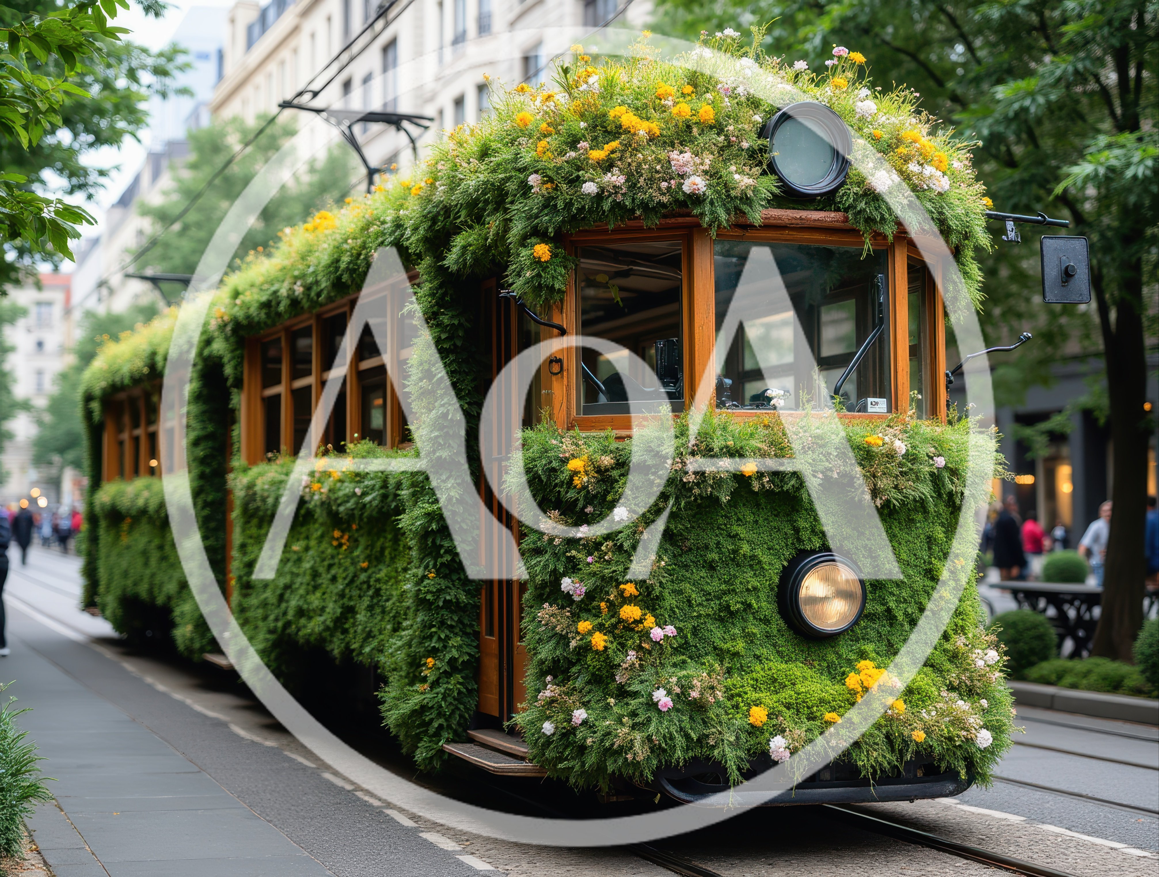 Vintage Tram Covered In Lush Greenery And Flowers