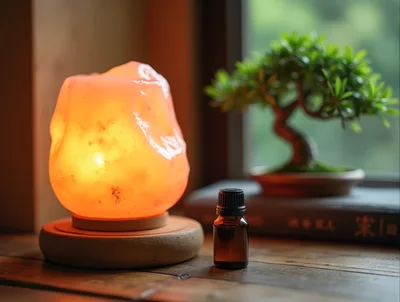 Himalayan Salt Lamp And Essential Oil Bottle On Table