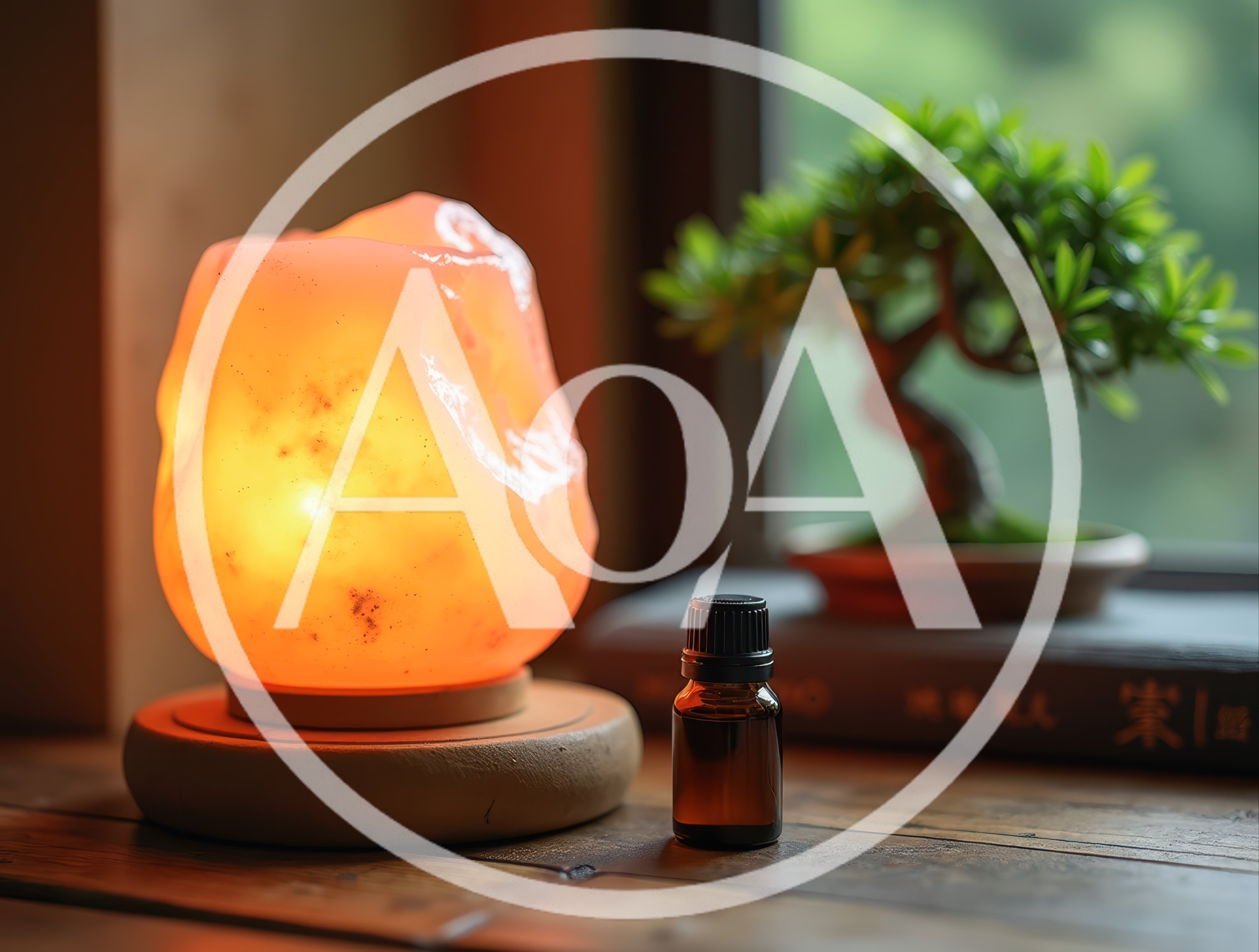 Himalayan Salt Lamp And Essential Oil Bottle On Table