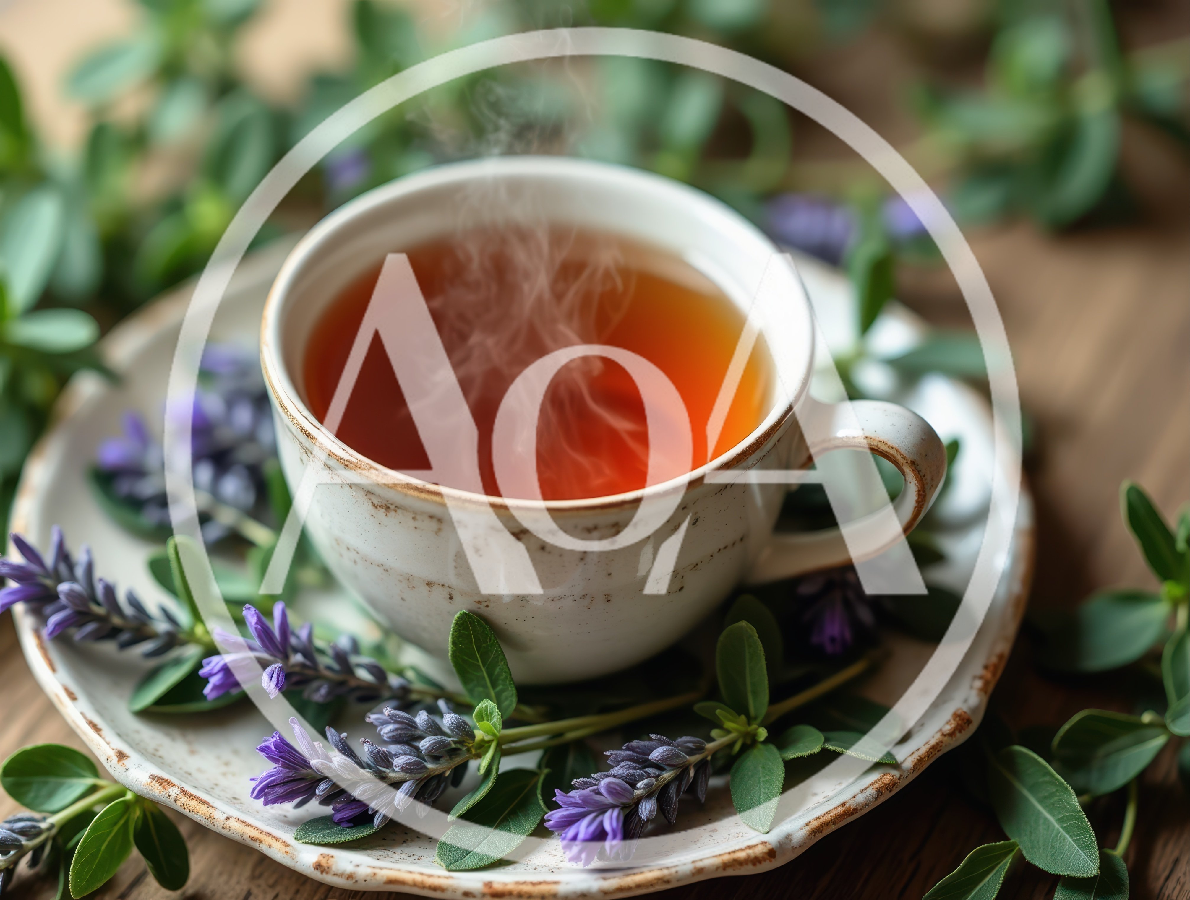 Steaming Cup Of Herbal Tea With Lavender Flowers
