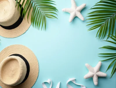 Summer Vacation Flat Lay With Straw Hats And Starfish