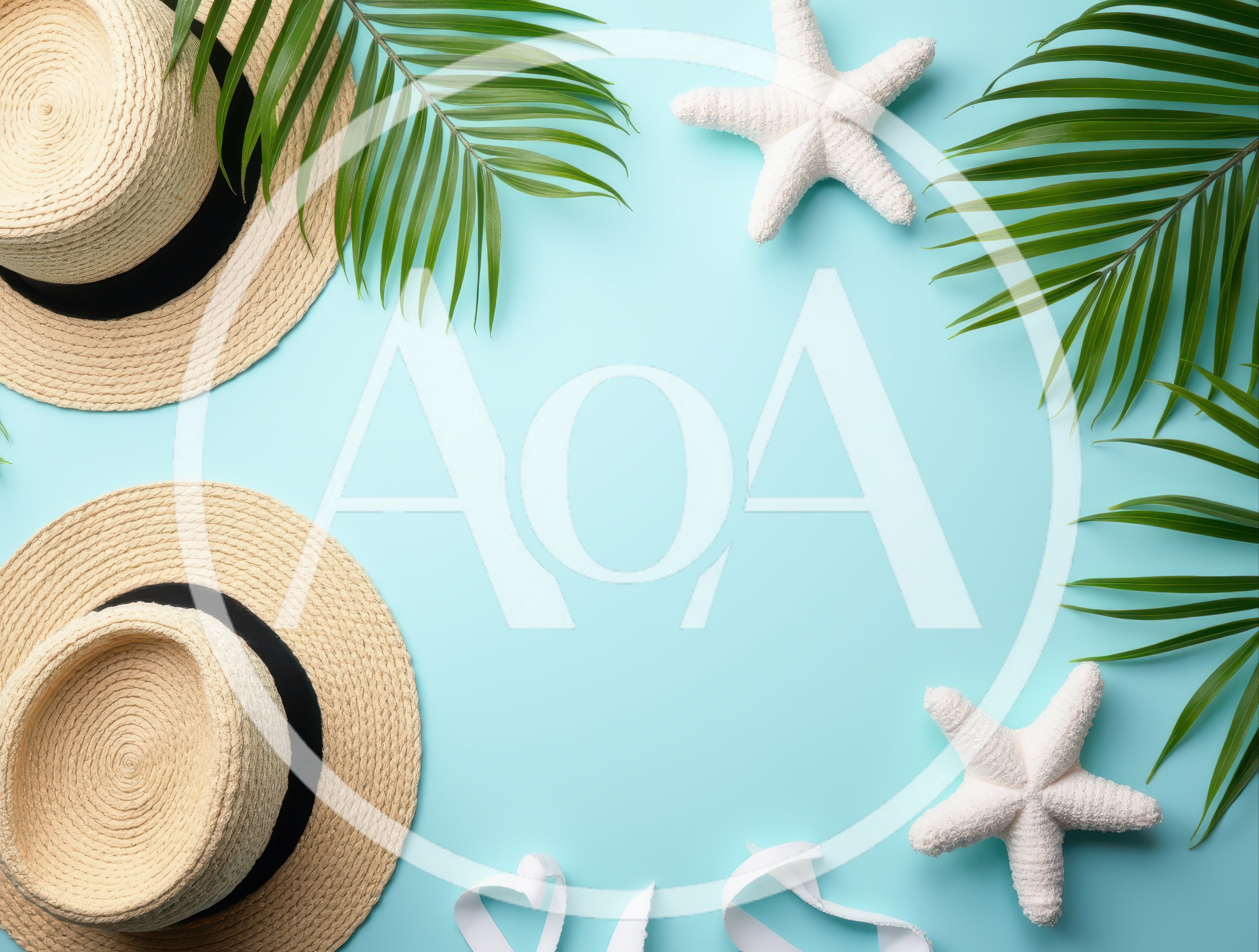 Summer Vacation Flat Lay With Straw Hats And Starfish