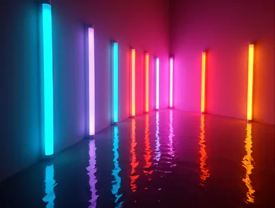 Neon Light Tubes Reflecting On Water Surface