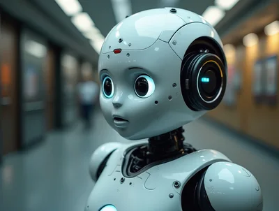 Cute Humanoid Robot Standing In A Modern Hospital Corridor