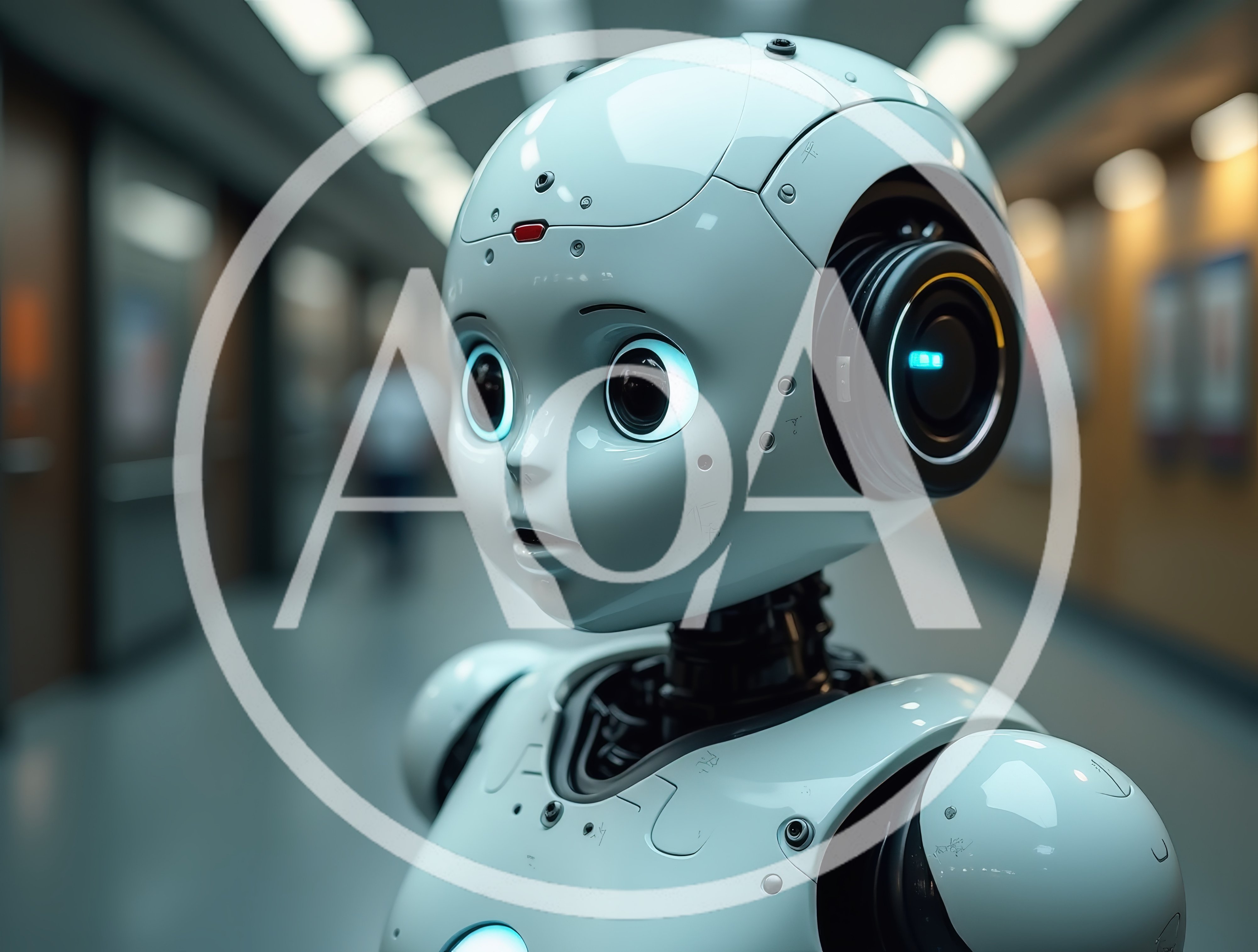 Cute Humanoid Robot Standing In A Modern Hospital Corridor