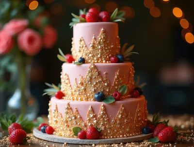 Three Tiered Pink Cake With Gold Leaf Decoration