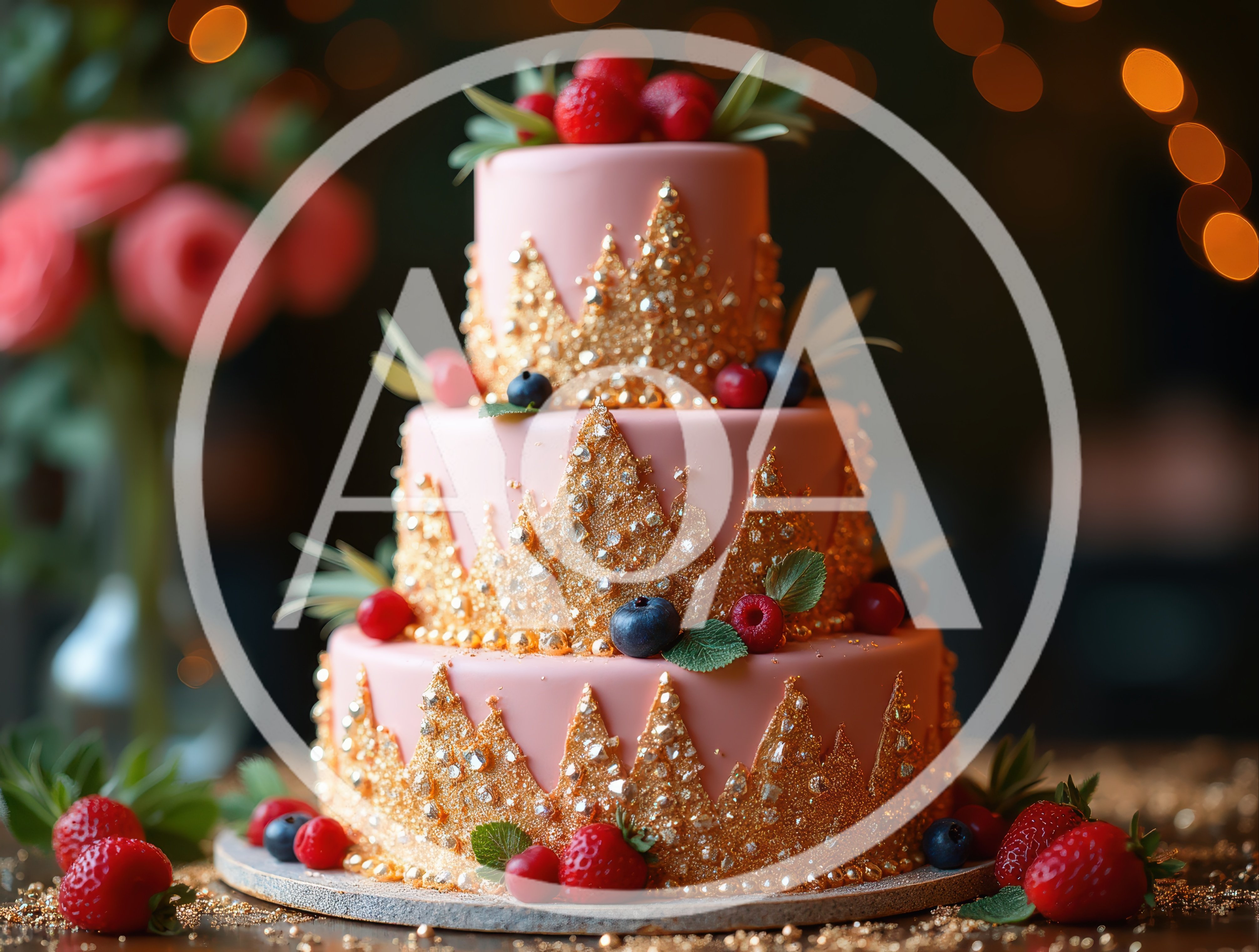 Three Tiered Pink Cake With Gold Leaf Decoration
