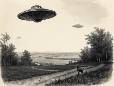 Vintage Engraving Style Illustration Of UFOs Over Countryside