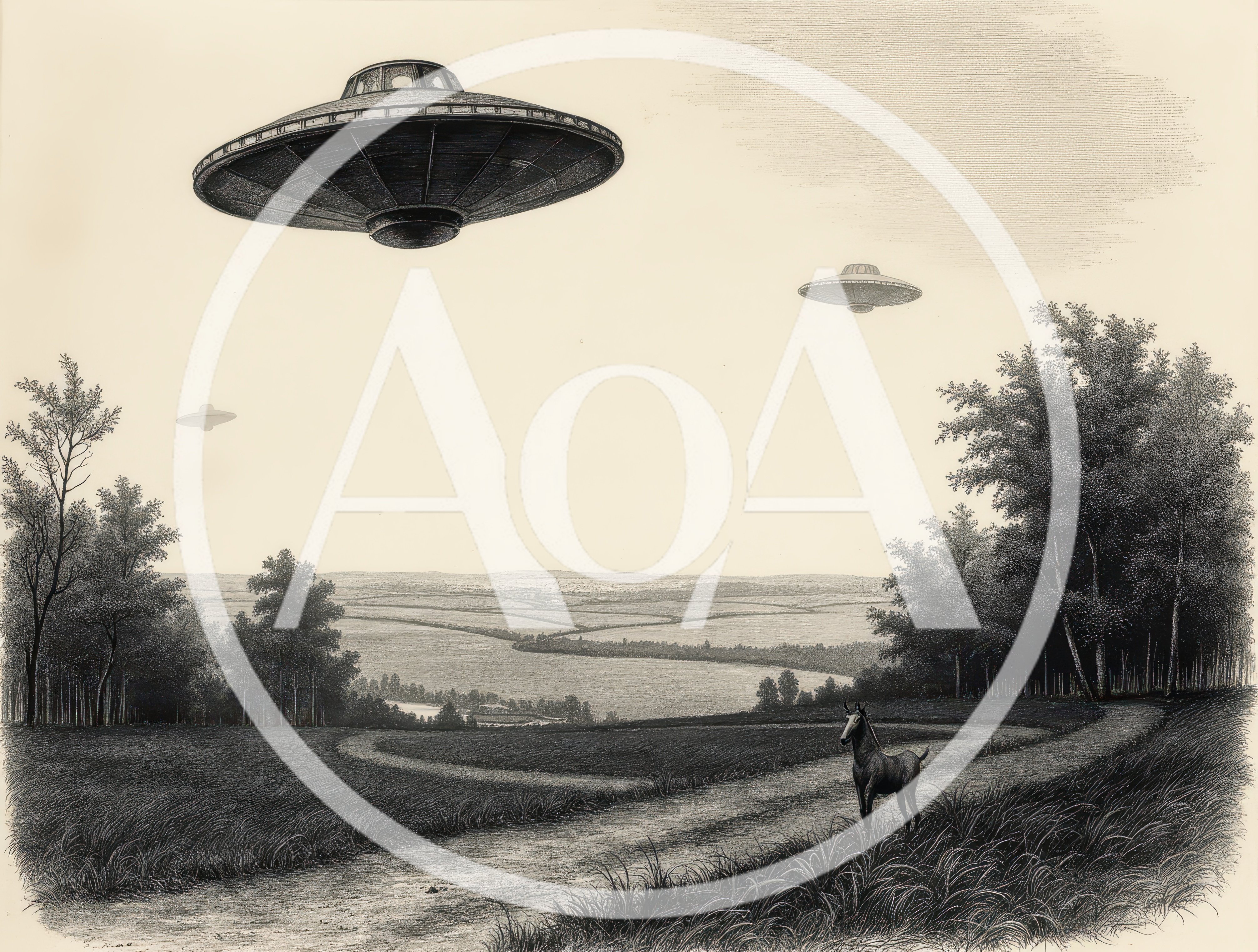 Vintage Engraving Style Illustration Of UFOs Over Countryside