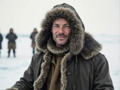 Man Wearing Fur Lined Parka In Arctic Landscape