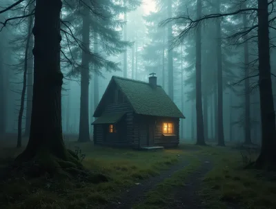 Small Wooden Cabin In A Misty Dark Forest