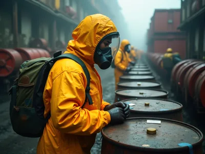 Hazmat Workers Inspecting Industrial Barrels In Foggy Facility
