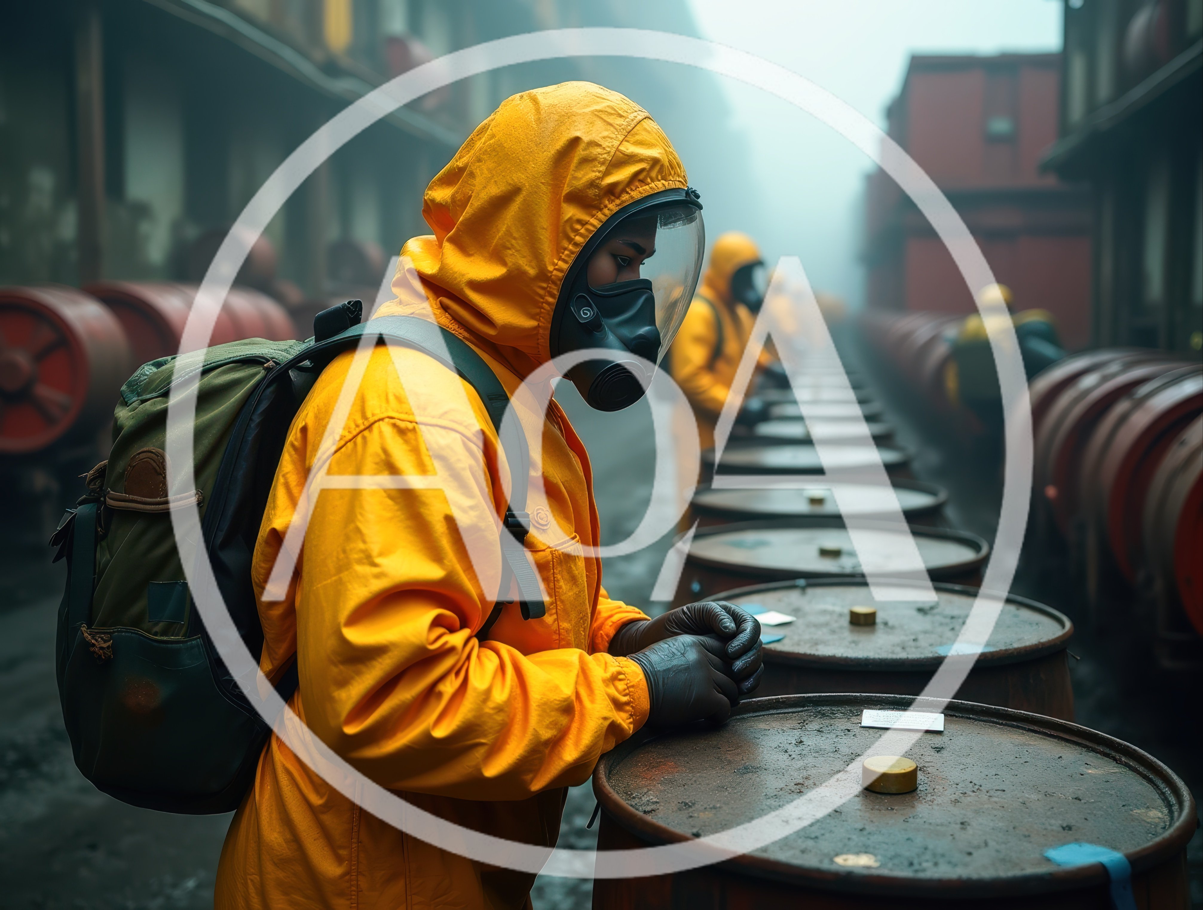 Hazmat Workers Inspecting Industrial Barrels In Foggy Facility