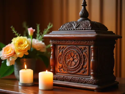 Ornate Wooden Urn With Candles And Flowers