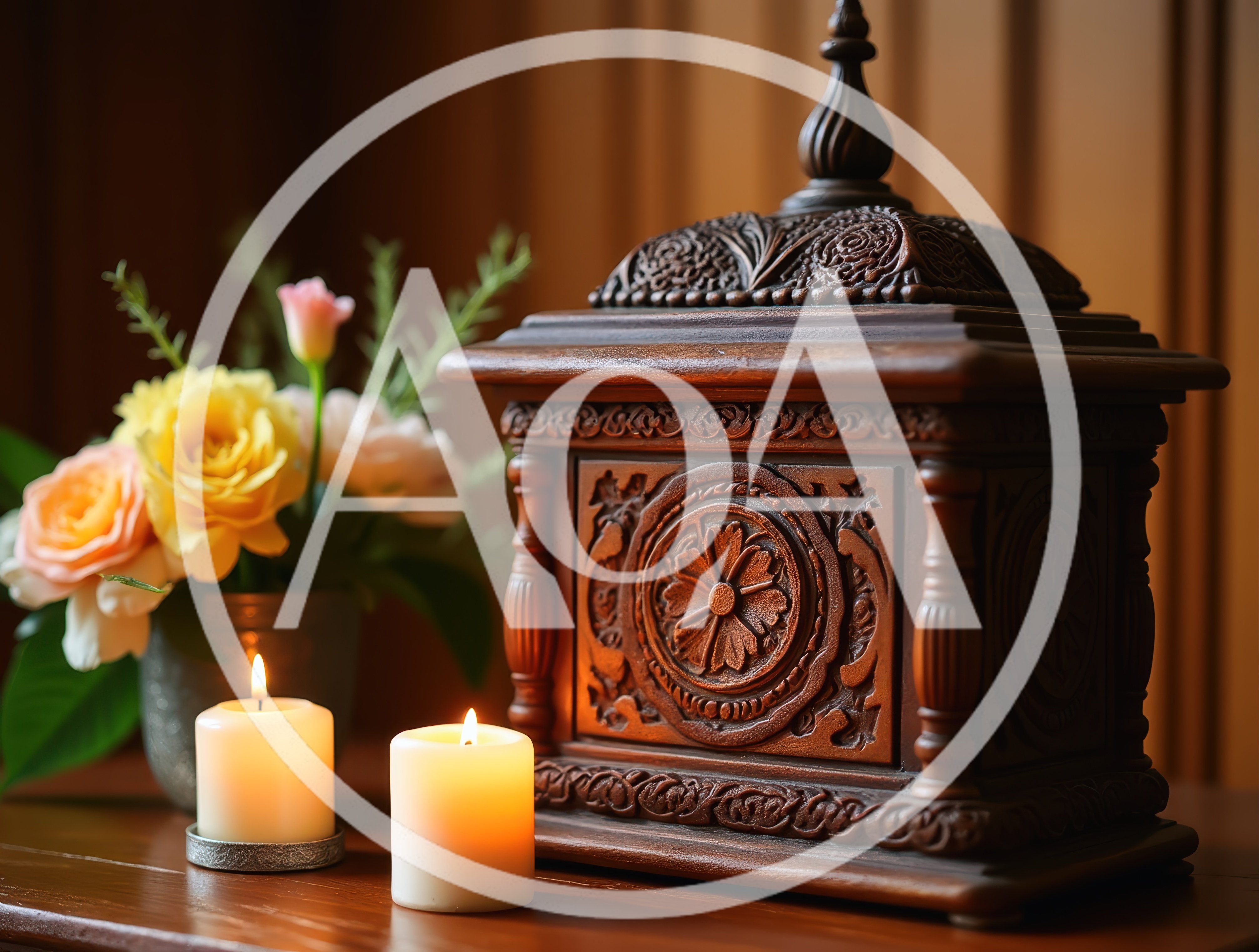 Ornate Wooden Urn With Candles And Flowers