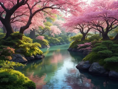 Serene Japanese Garden With Blooming Cherry Blossom Trees