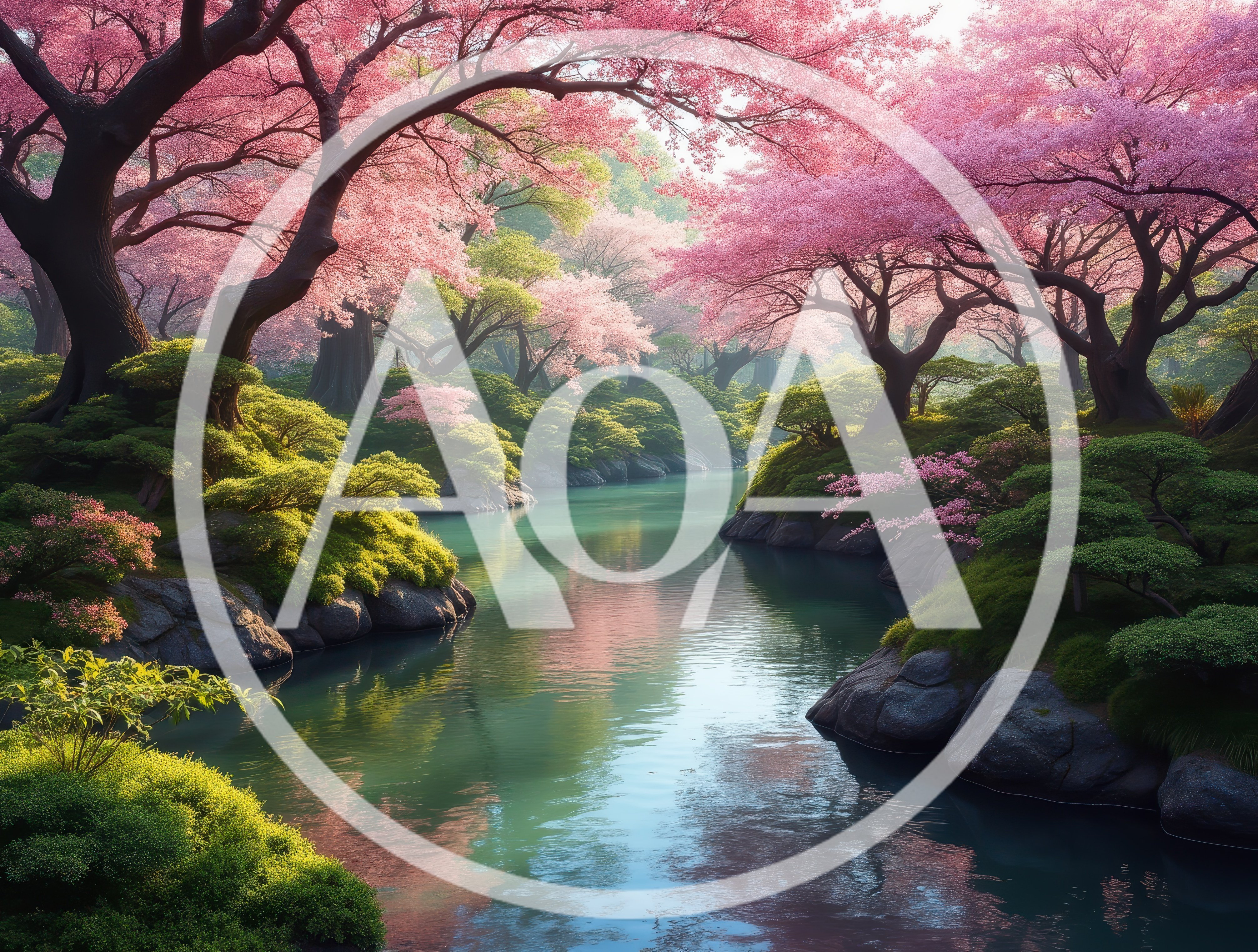 Serene Japanese Garden With Blooming Cherry Blossom Trees