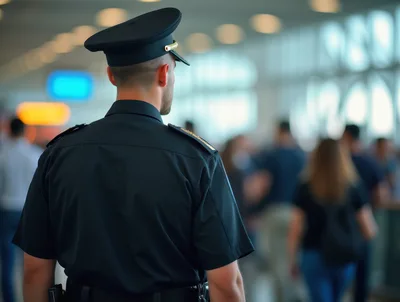 Police Officer Standing In A Busy Airport Terminal