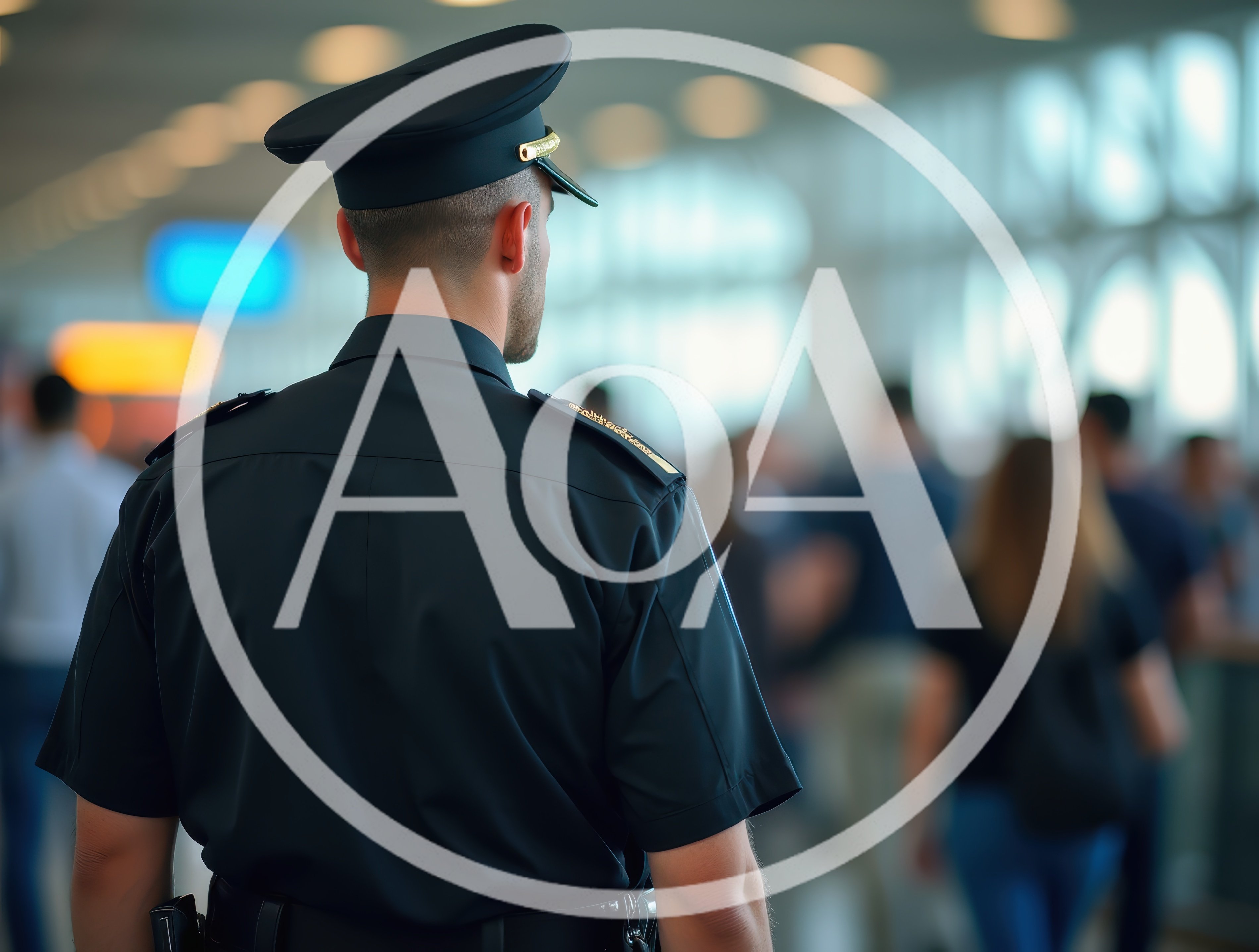 Police Officer Standing In A Busy Airport Terminal