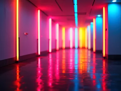 Neon Lit Corridor With Vibrant Light Reflections