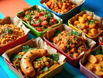 Assorted Colorful Containers Filled With Prepared Food Dishes