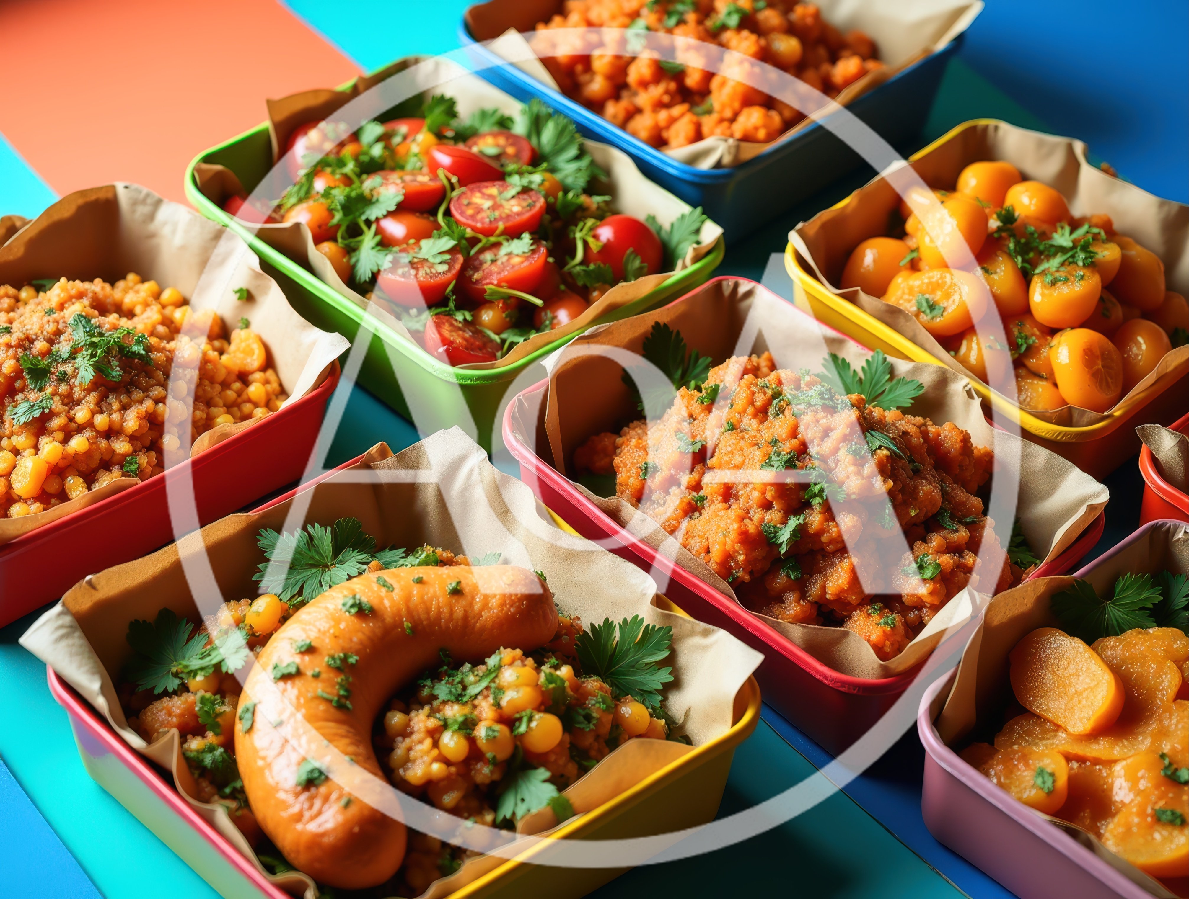 Assorted Colorful Containers Filled With Prepared Food Dishes