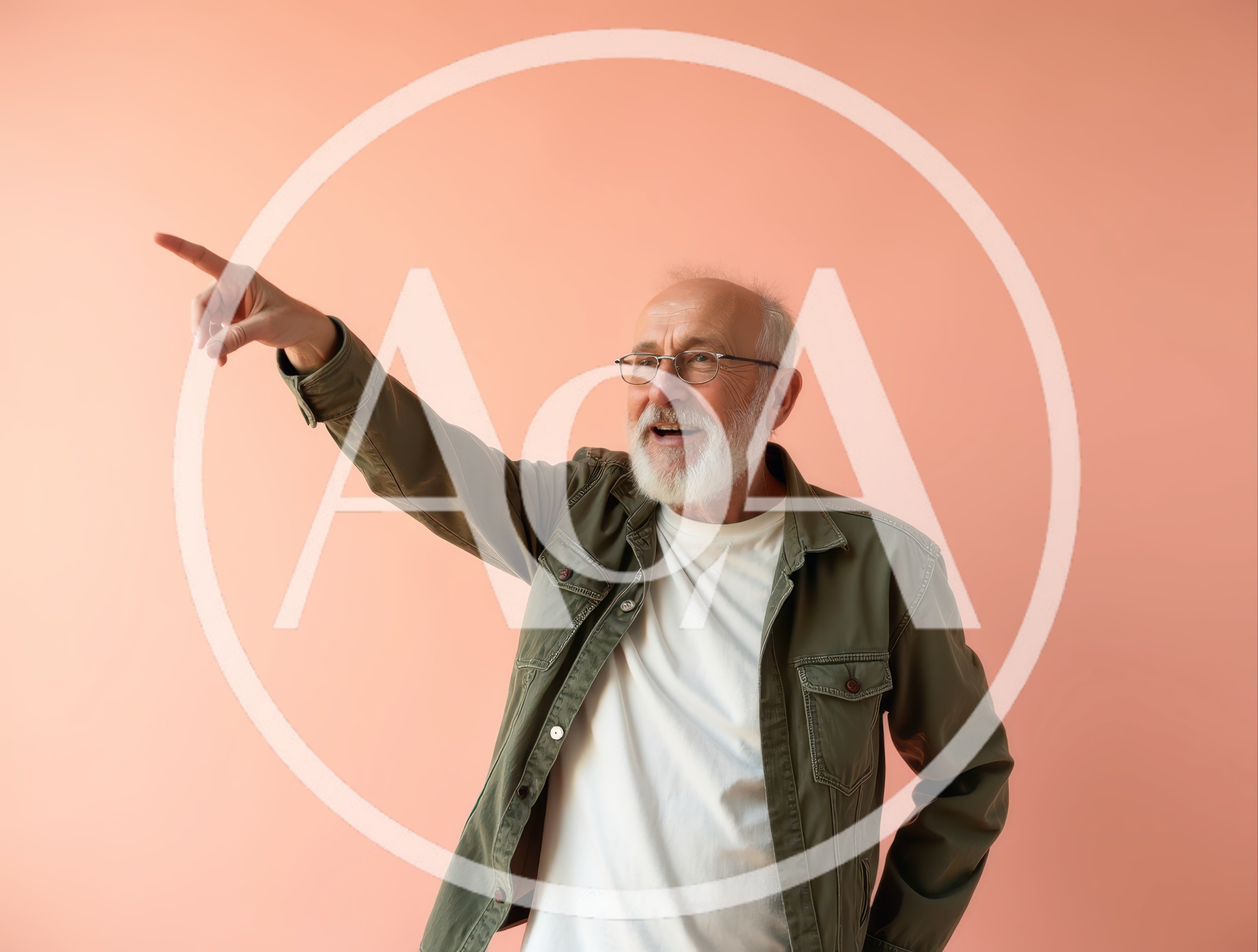 Senior Man Pointing Away Against Peach Background