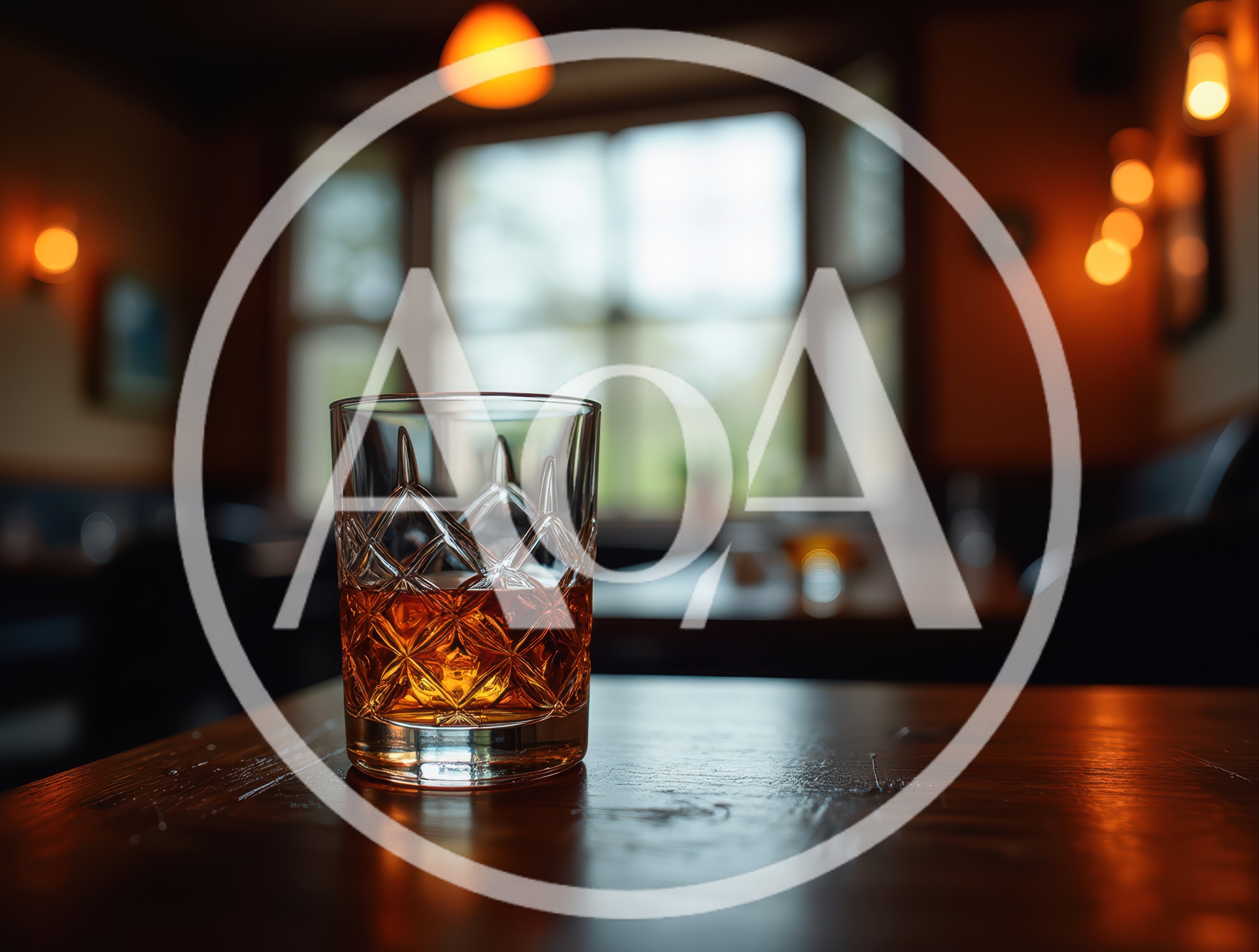 Crystal Whiskey Glass On A Wooden Pub Table