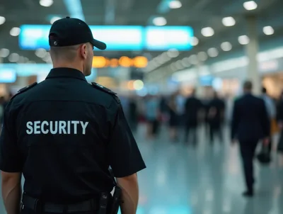 Security Guard Standing In A Busy Airport Terminal