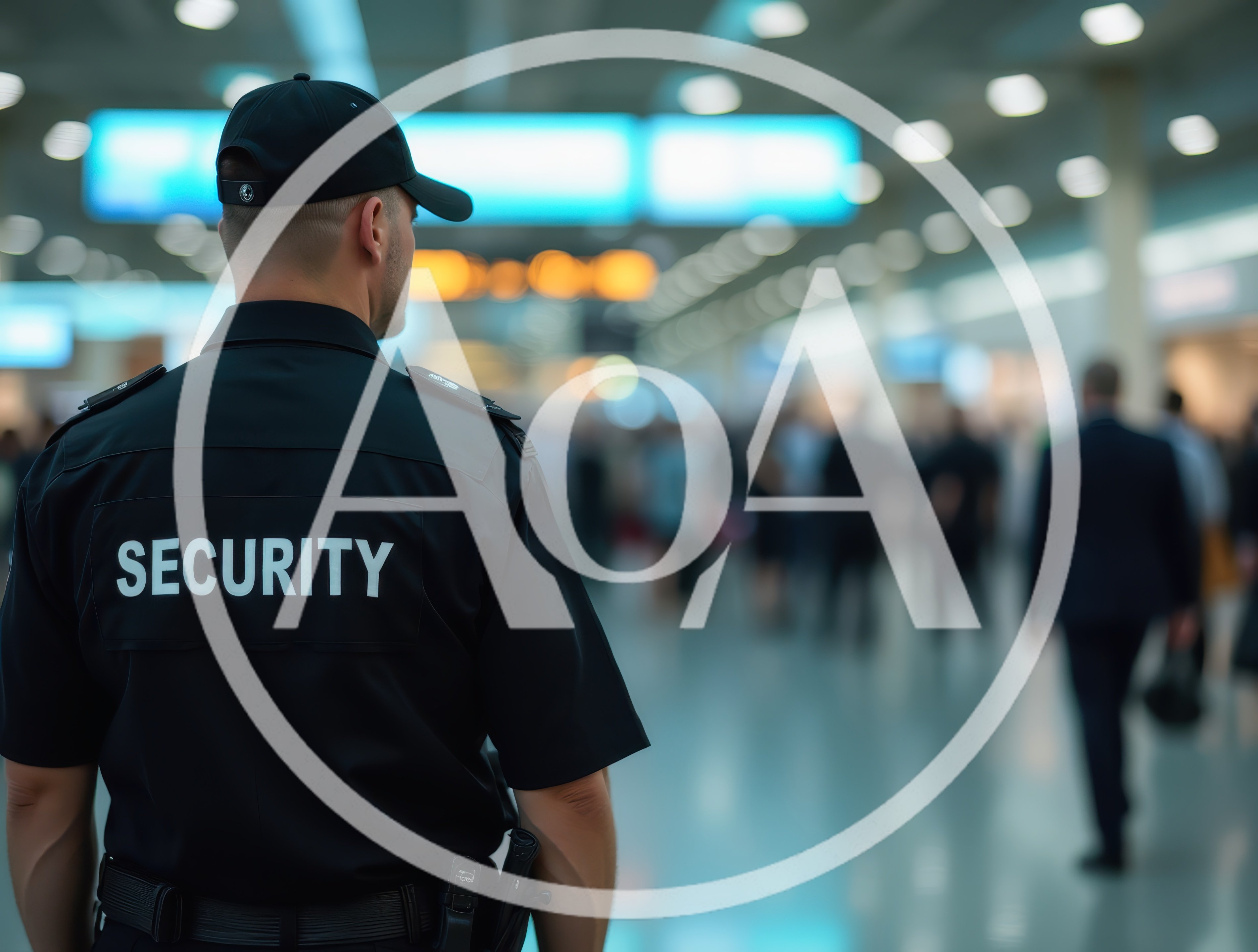 Security Guard Standing In A Busy Airport Terminal