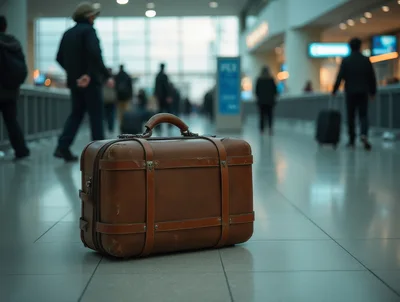 Vintage Leather Suitcase Left Alone In Busy Airport Terminal