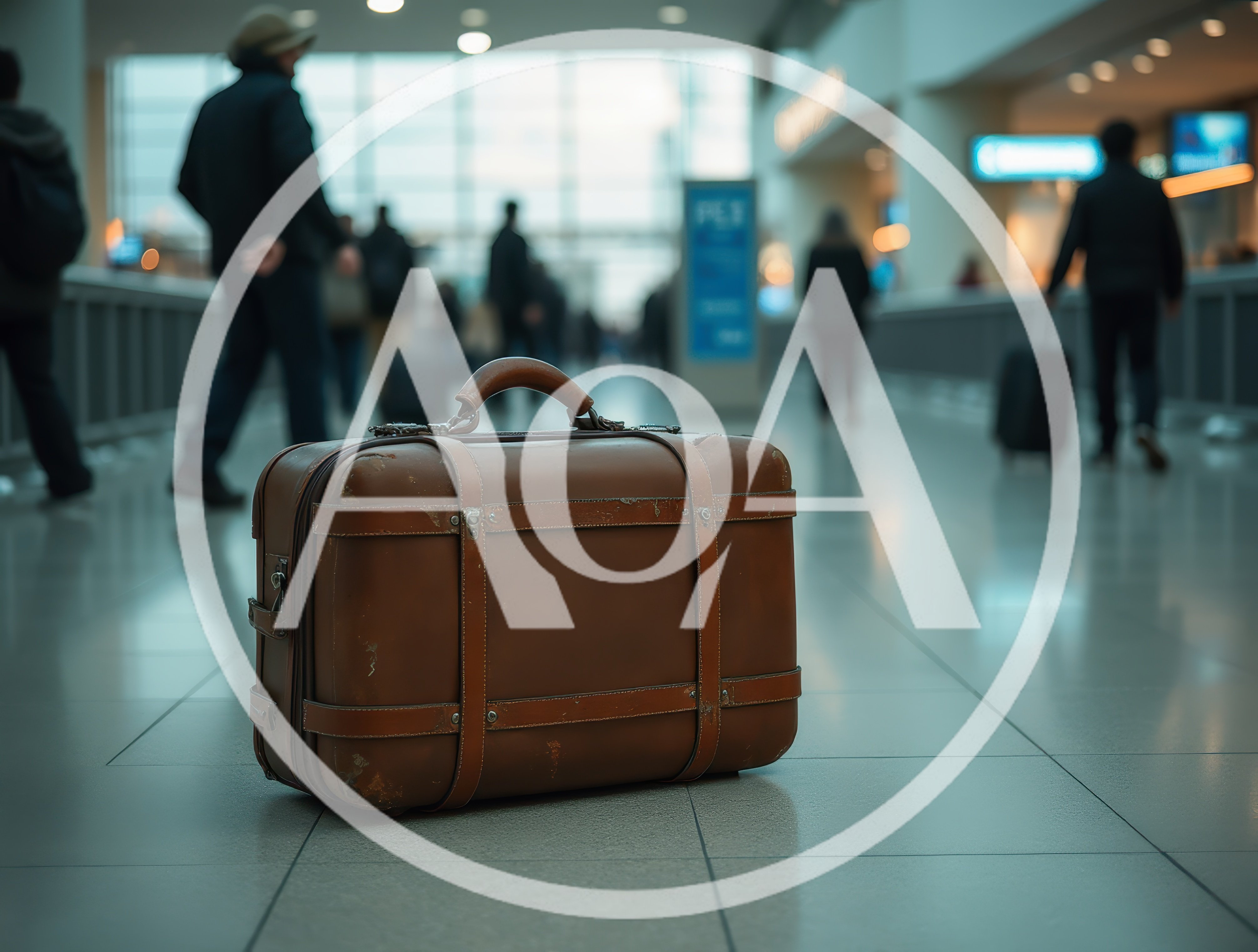 Vintage Leather Suitcase Left Alone In Busy Airport Terminal