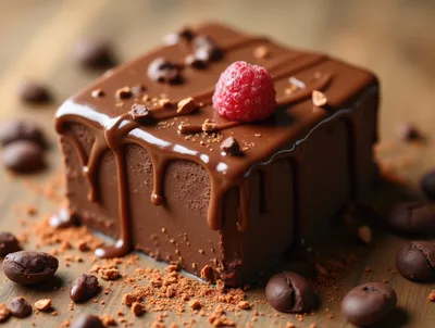 Decadent Chocolate Brownie Square With Raspberry And Coffee Beans