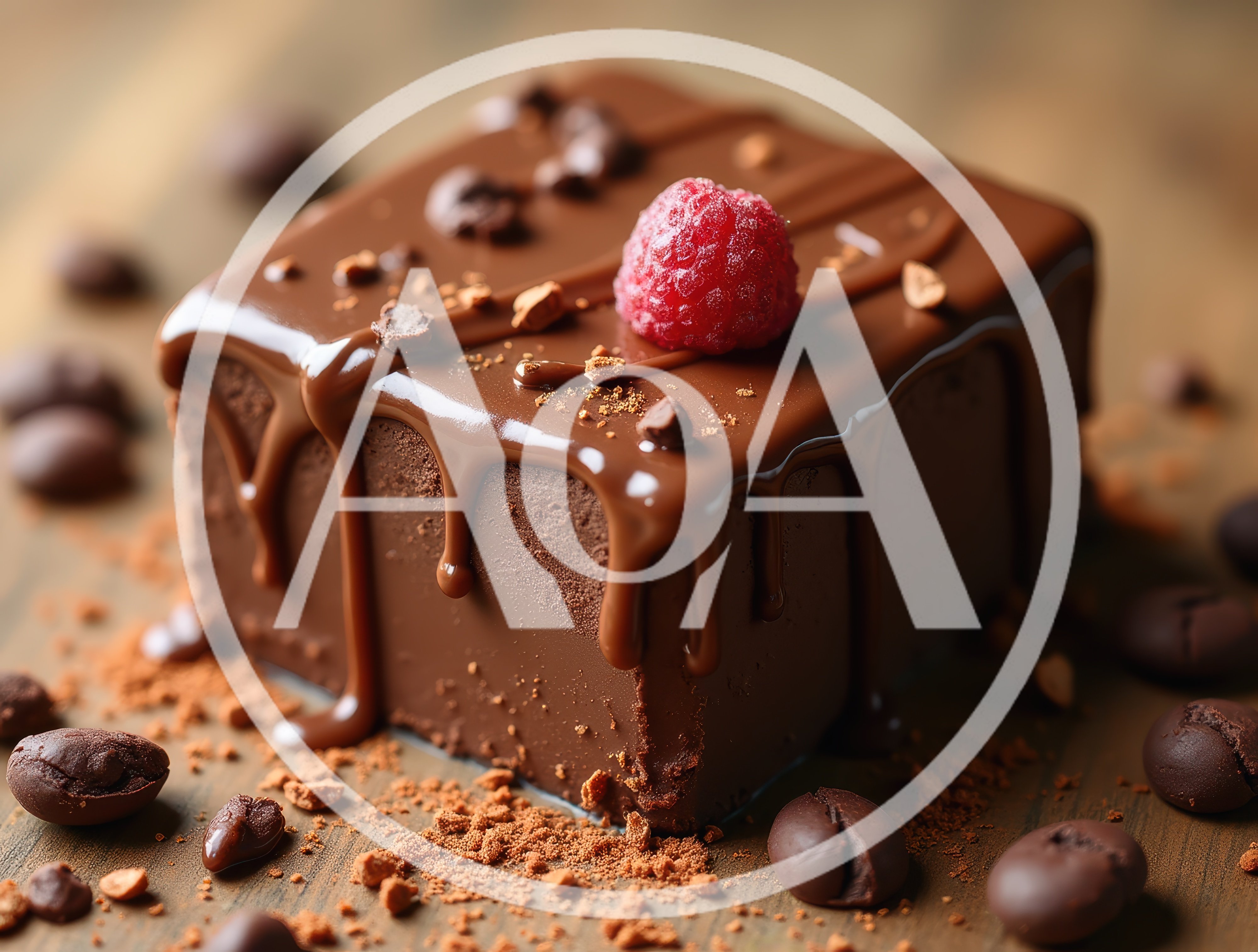 Decadent Chocolate Brownie Square With Raspberry And Coffee Beans
