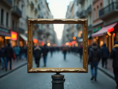Ornate Gold Picture Frame Standing On City Street