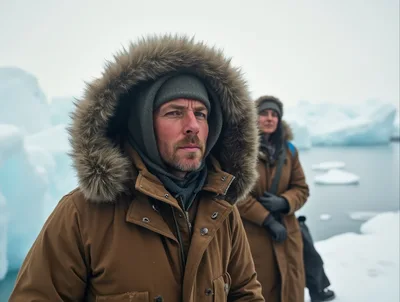 Arctic Explorers Standing Near Glacial Icebergs