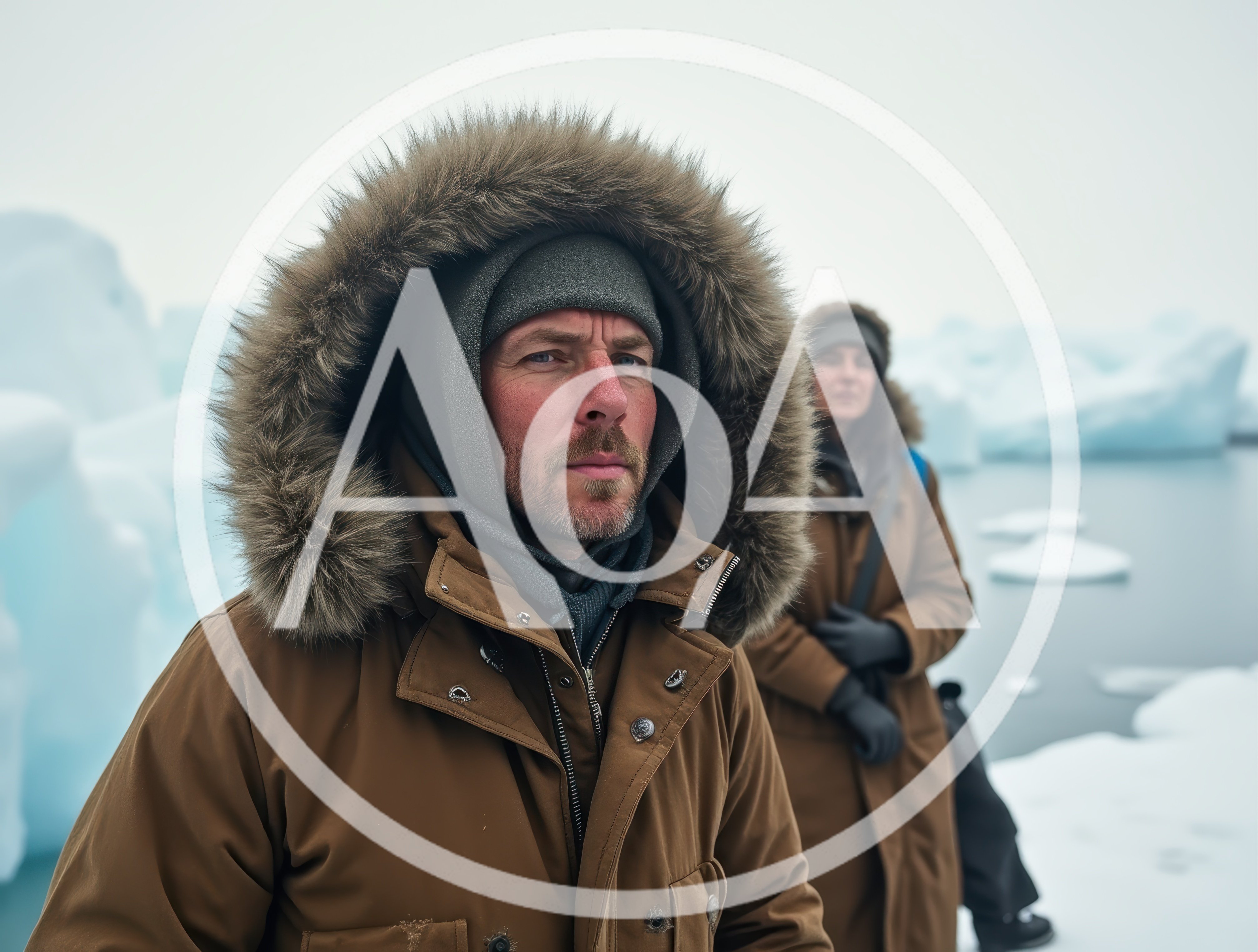 Arctic Explorers Standing Near Glacial Icebergs
