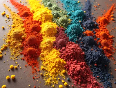 Vibrant Colored Pigment Powder Piles On Dark Surface