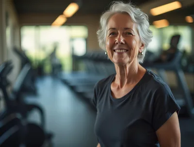 Smiling Senior Woman Exercising In A Modern Gym