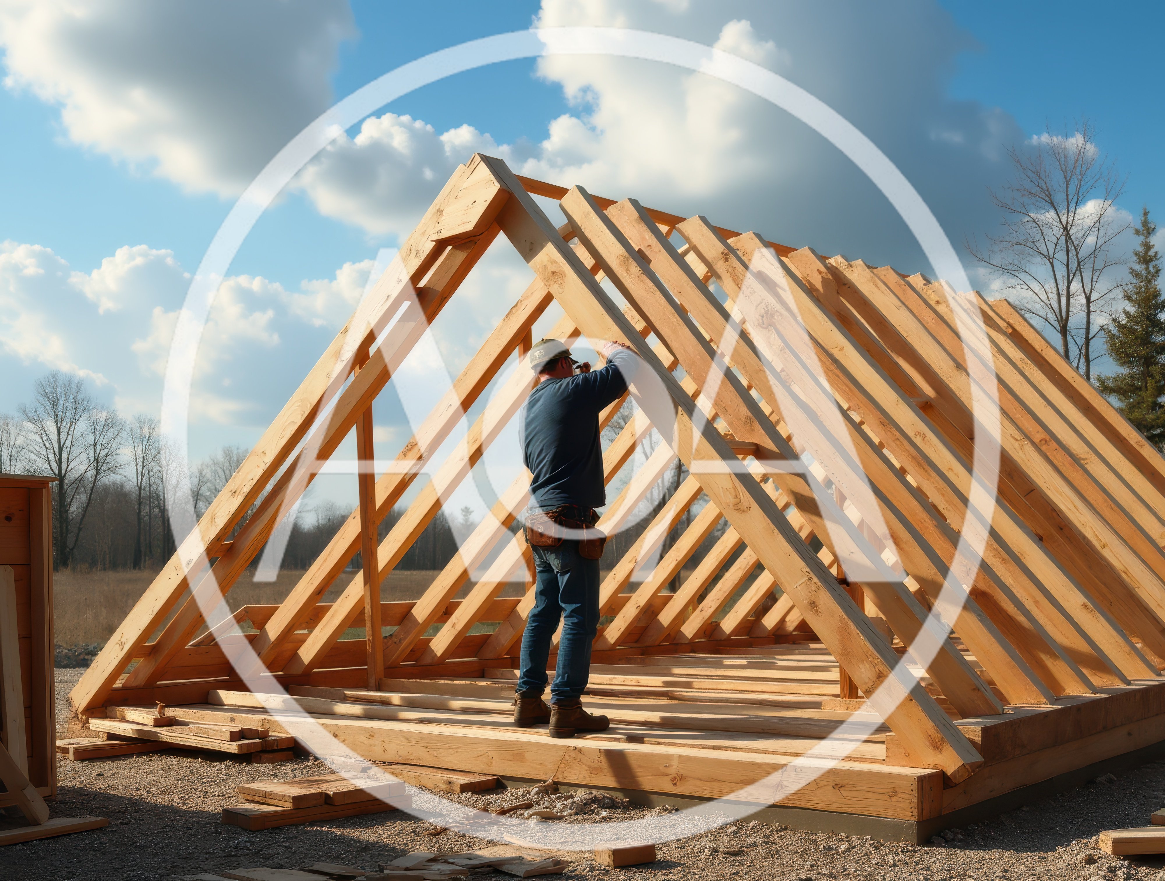 Construction Worker Framing Wooden Roof Structure
