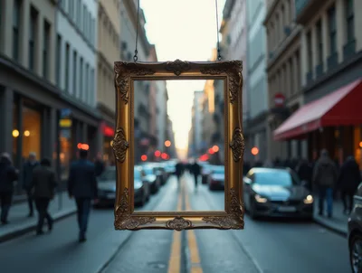 Ornate Gold Picture Frame Suspended Over Busy City Street