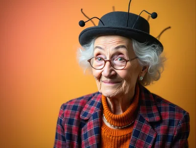 Elderly Woman Wearing Whimsical Antenna Hat