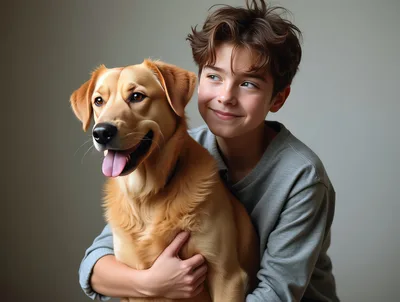 Young Boy Hugging His Golden Retriever Dog