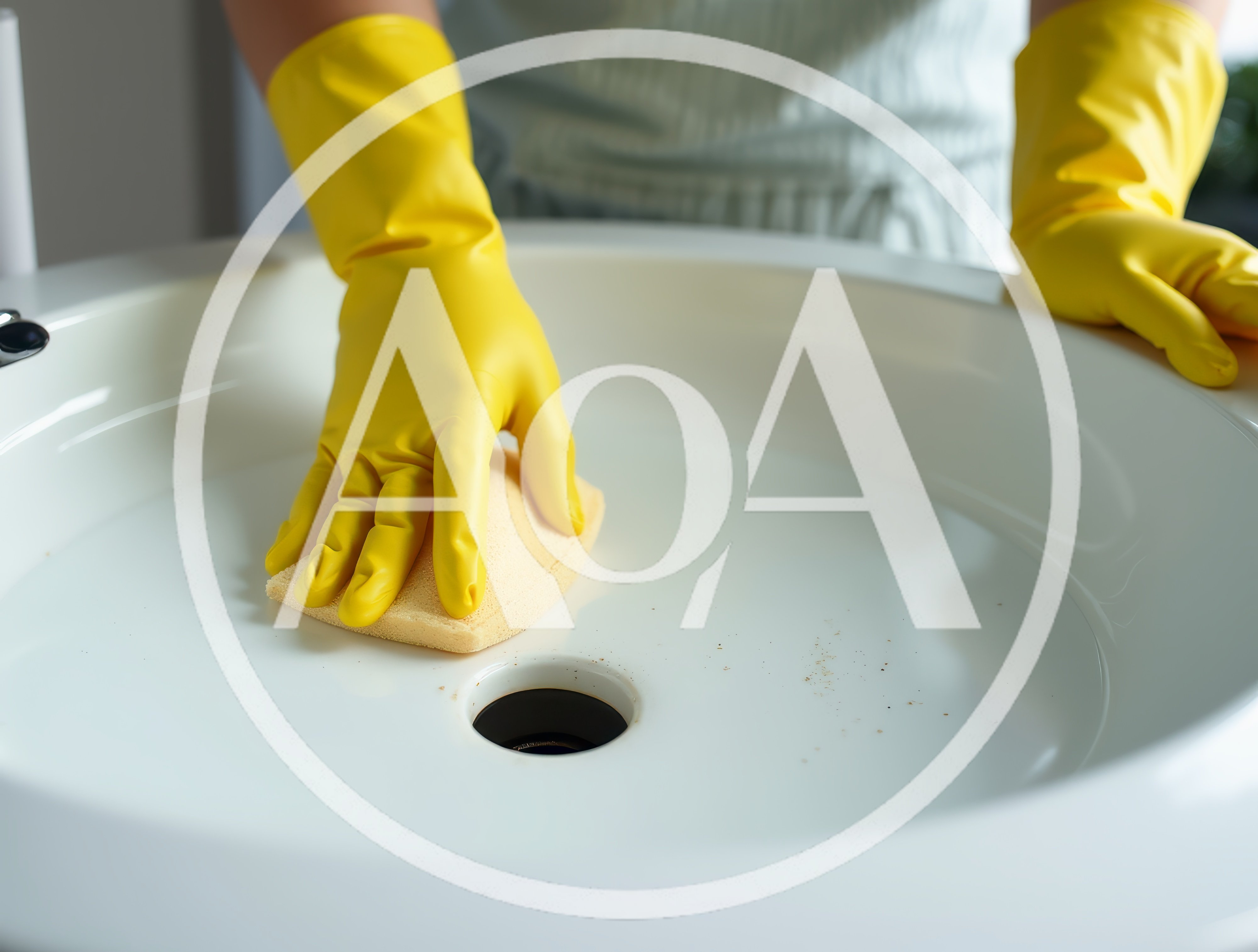 Person Cleaning A Bathroom Sink With A Sponge