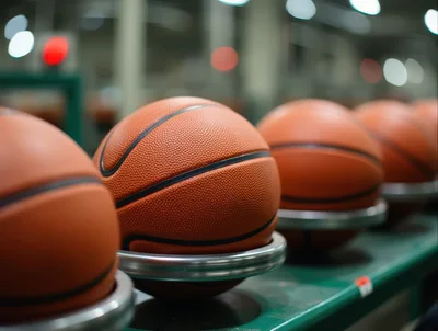 Basketballs Lined Up On A Factory Conveyor Belt